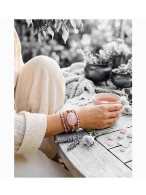 New Natural Pink Rose Quartz and Natural Stones on a Leather Cord Wrap Bracelet